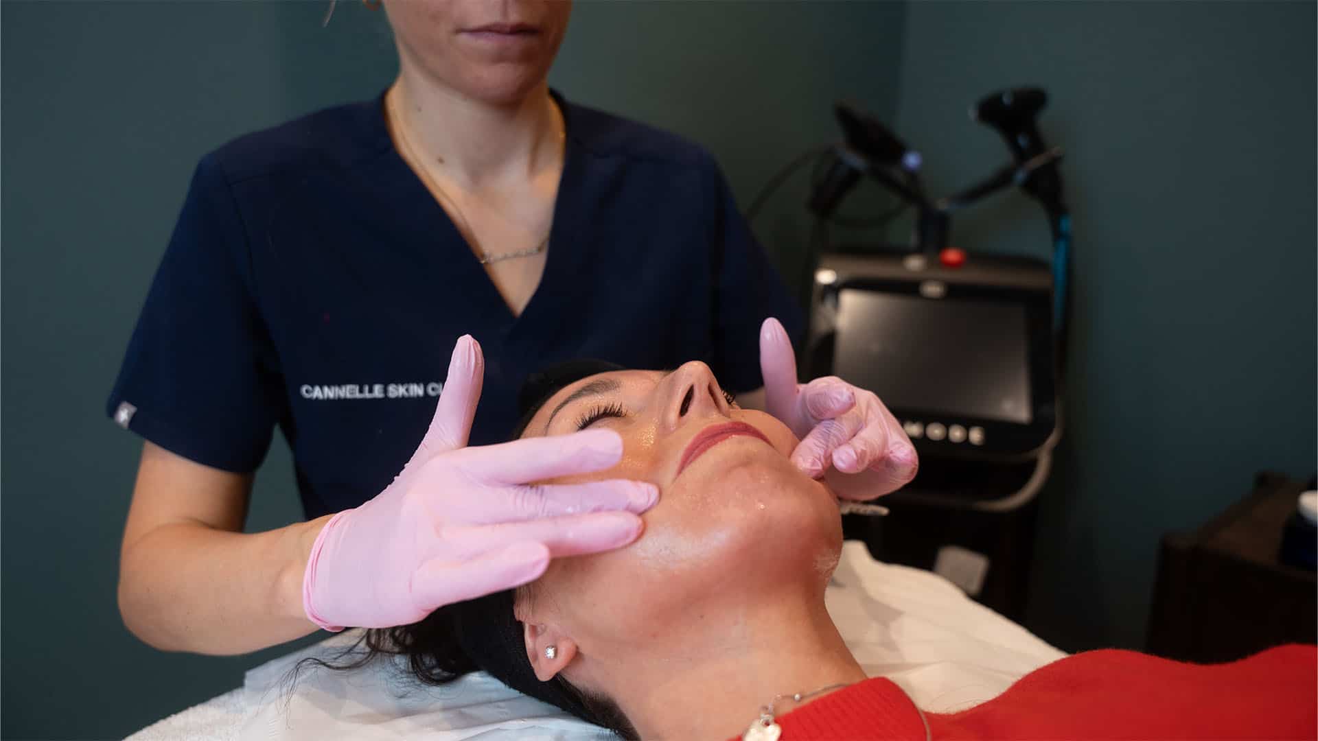 Woman receiving skin rejuvenation treatment at Cannelle Skin Clinic, professional aesthetic procedur.