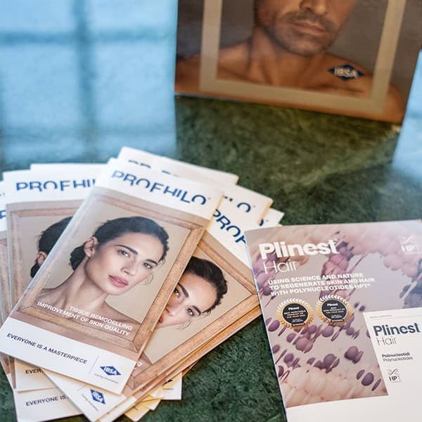 Woman receiving skin consultation with skincare brochures at Cannelle Skin Clinic, London.