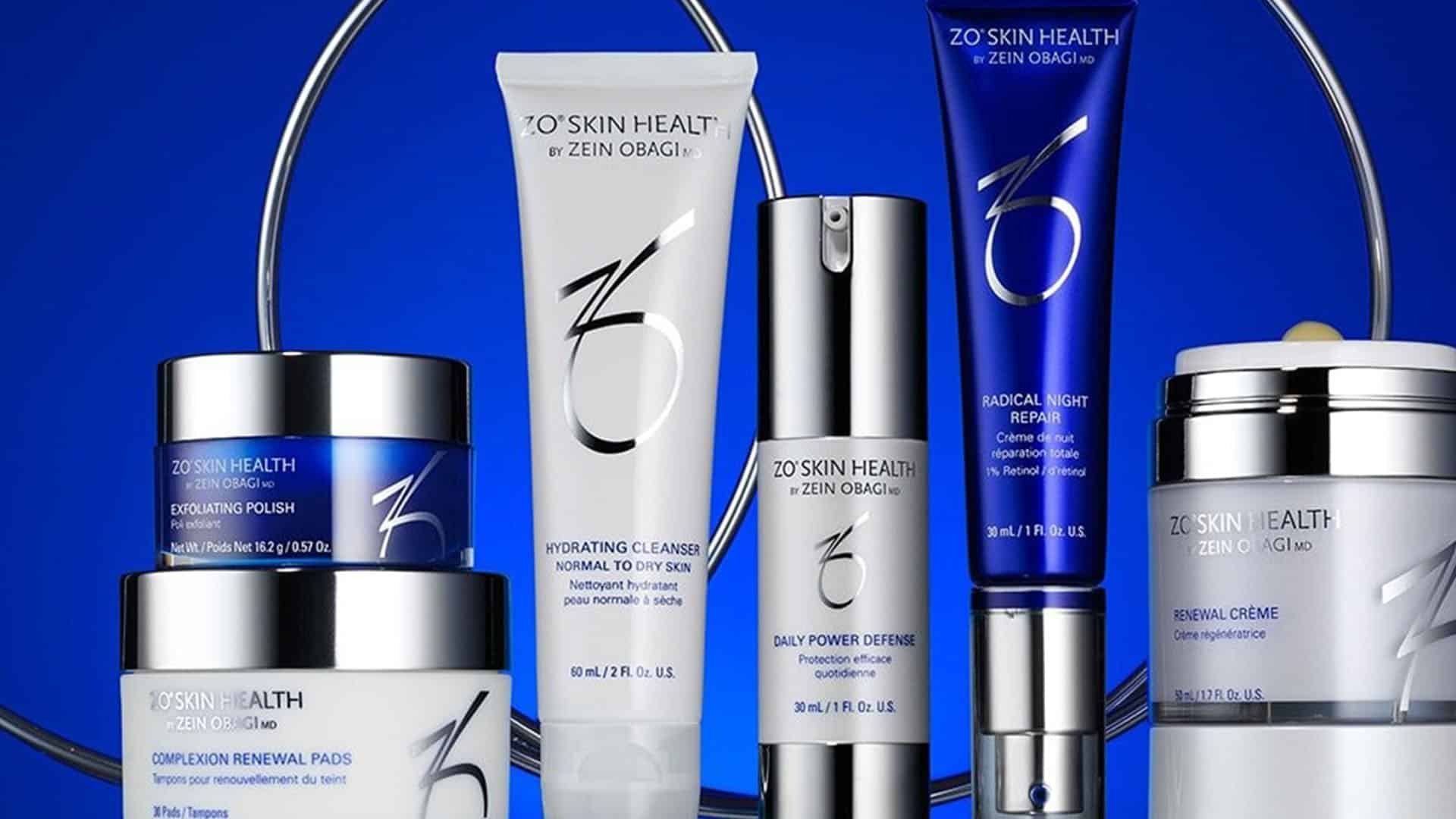 Collection of ZO Skin Health skincare products on a blue background.