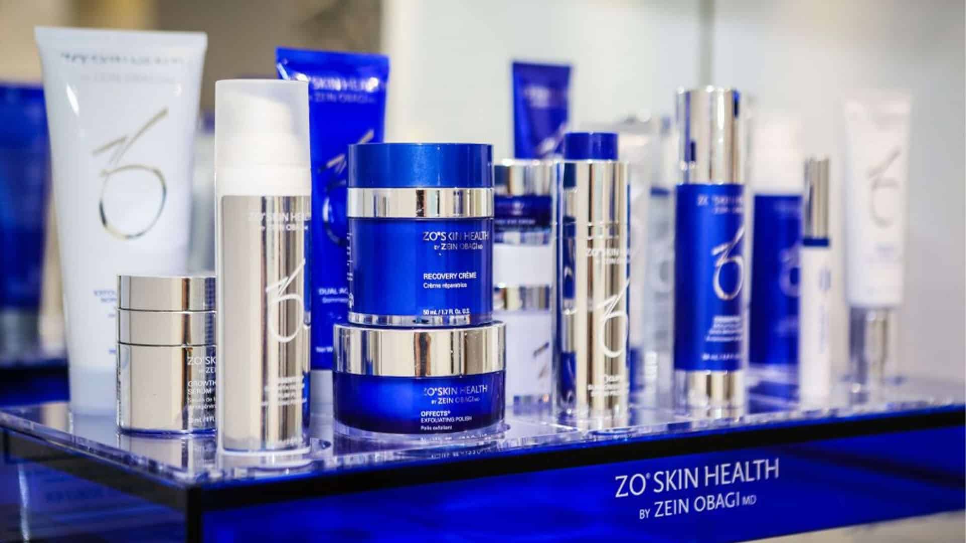 High-quality skincare products displayed at Cannelle Skin Clinic, featuring ZO Skin Health and Obagi.