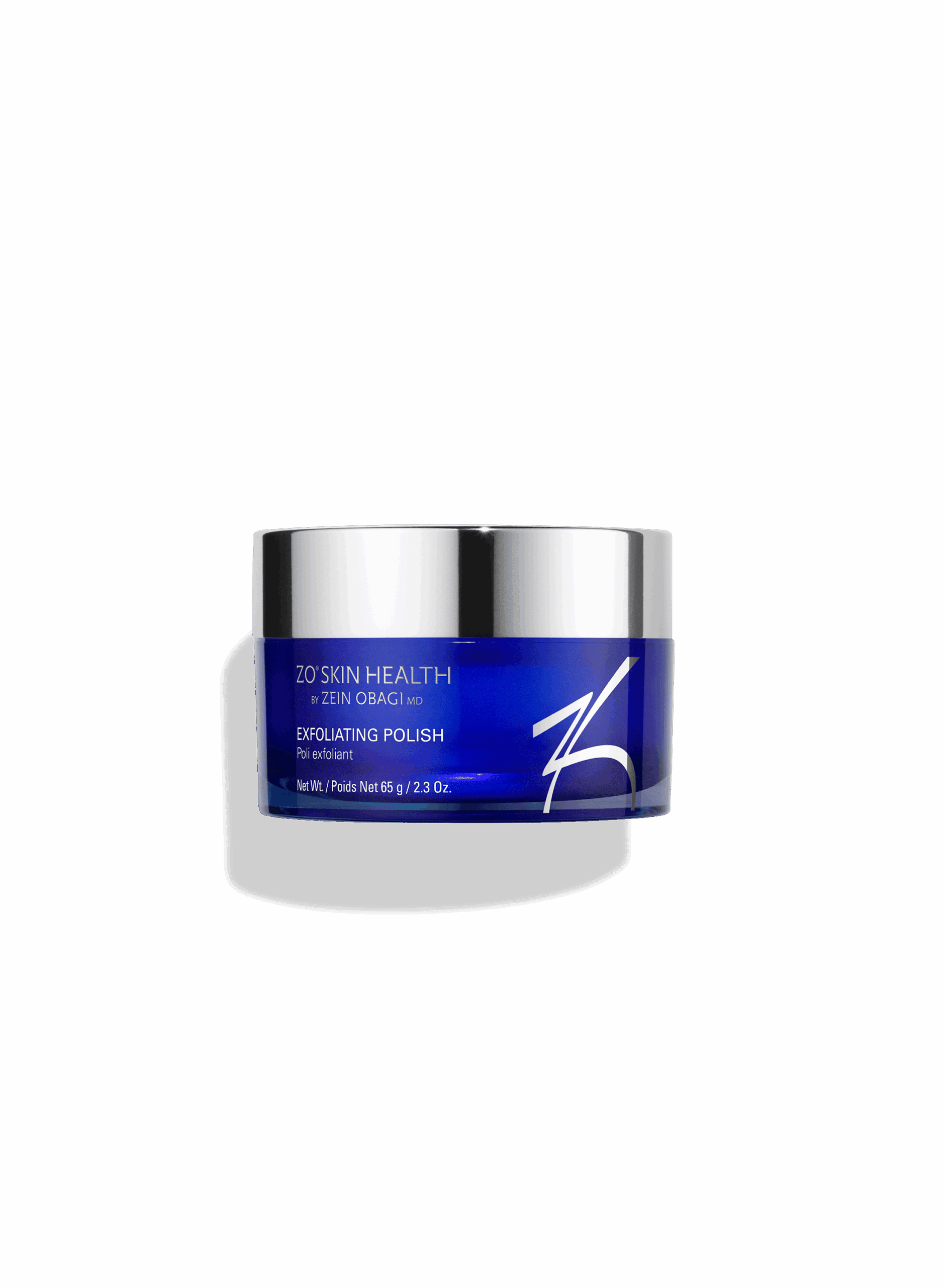 Blue jar of ZO Skin Health Exfoliating Polish for skin renewal and smoothness.