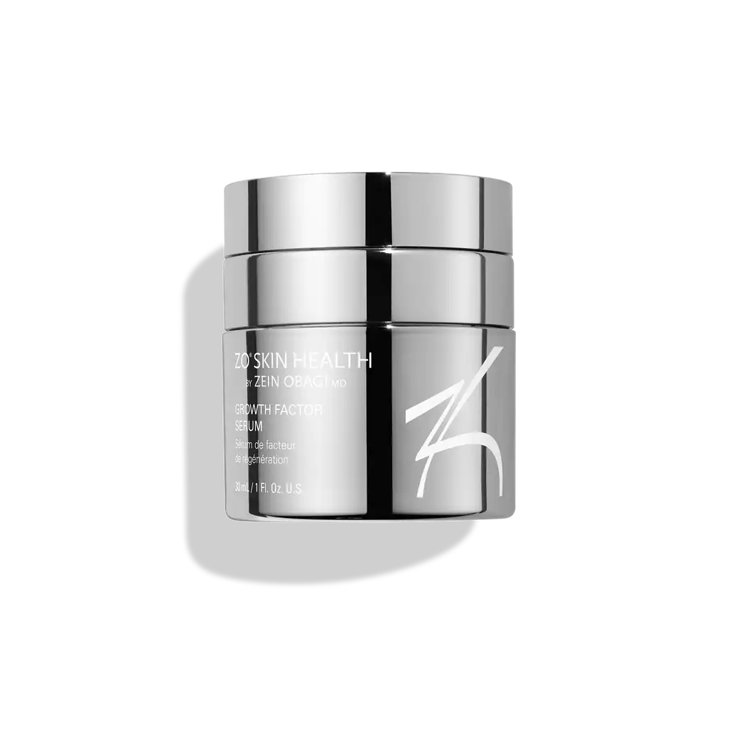 ZO Skin Health Growth Factor Serum in sleek silver container.