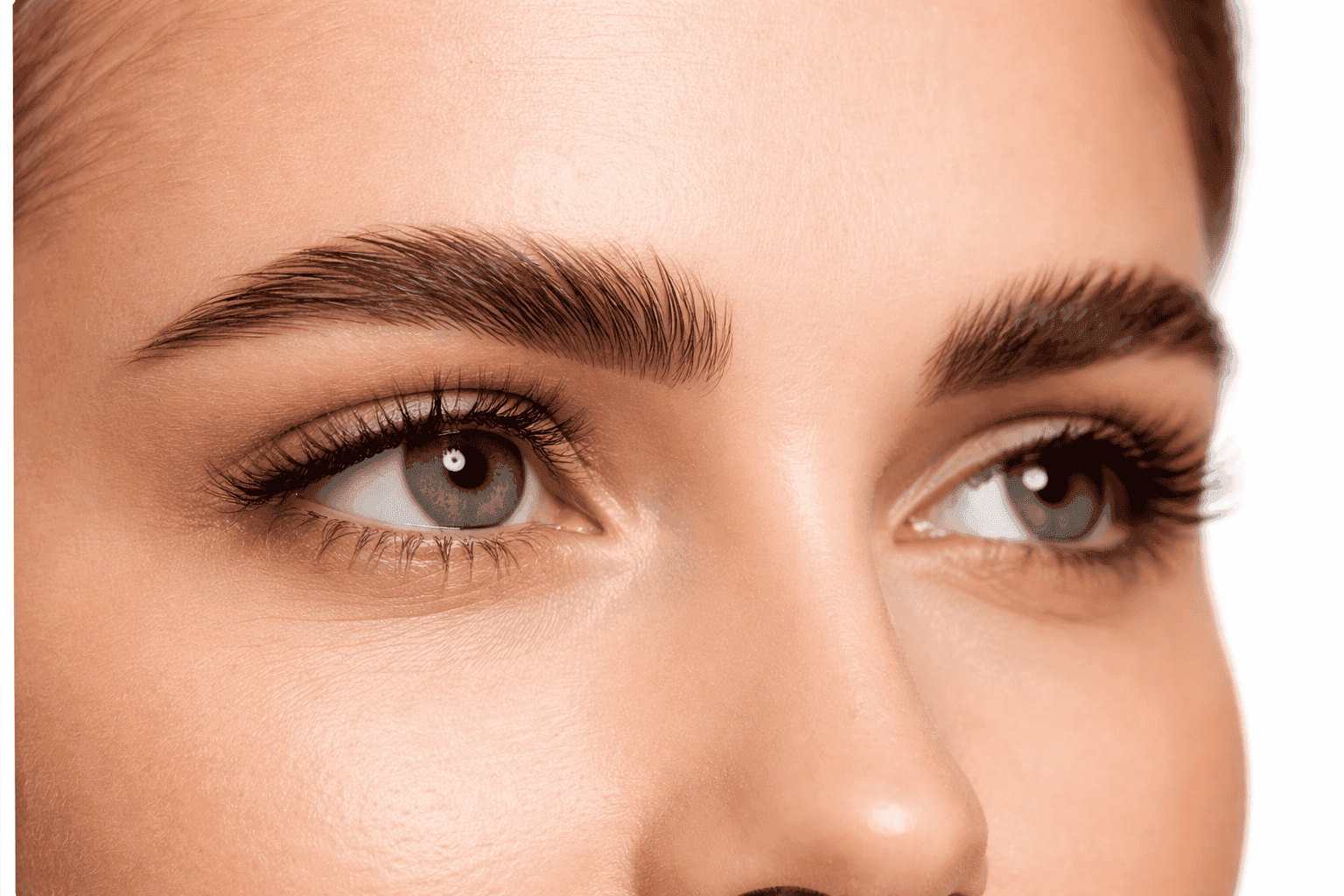 Close-up of a woman's eyes showcasing clear skin and well-groomed eyebrows at Cannelle Skin Clinic.