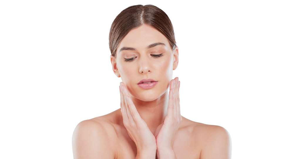 Portrait of woman with healthy skin touching her cheeks