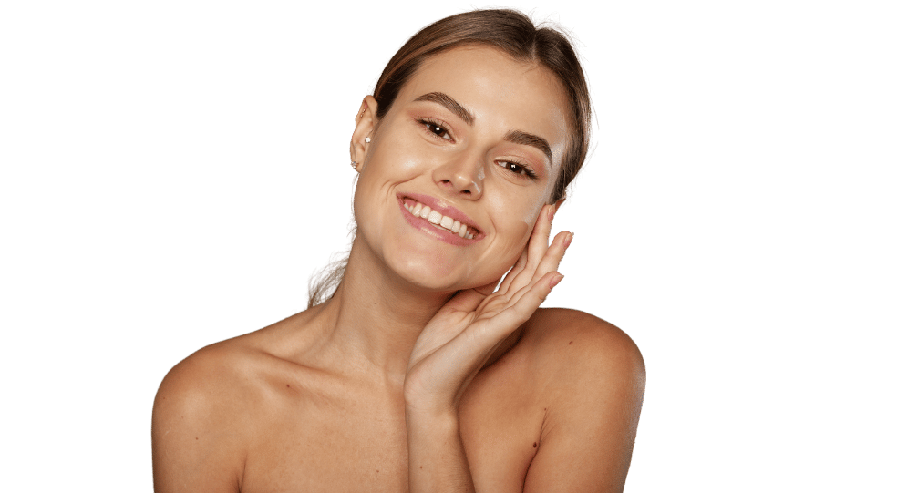 smiling woman touching her left cheek after carbon facial