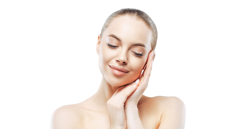 Portrait of woman gently touching her smooth cheek