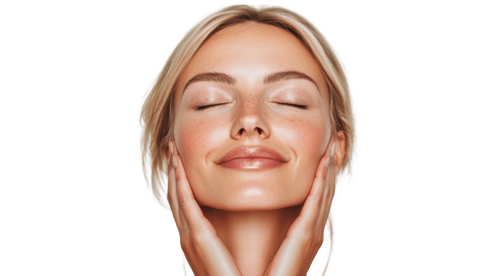 beautiful blonde woman showing off skin on face