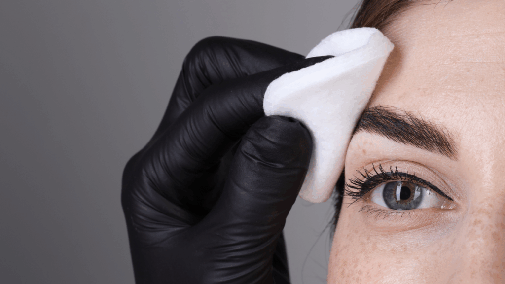 Close-up of eyebrow after treatment with gloved hands